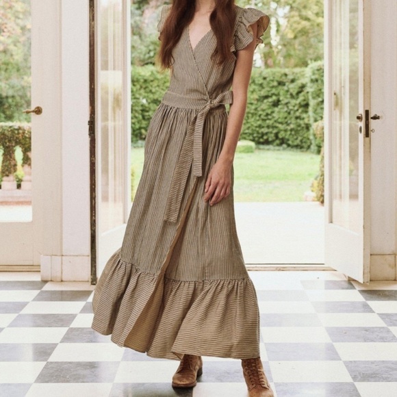 The GREAT. Spree Frontier Stripe Prairie Cottagecore Flutter Wrap Maxi Dress 1 - Picture 15 of 16